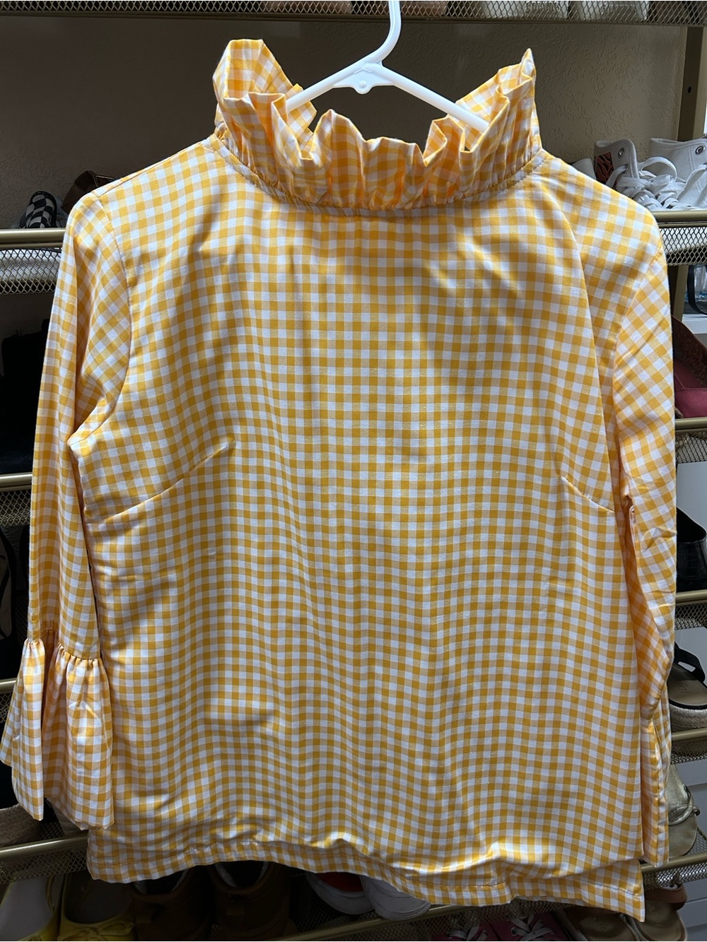 Yellow Gingham Ruffle-Neck Blouse - Picture 2 of 4